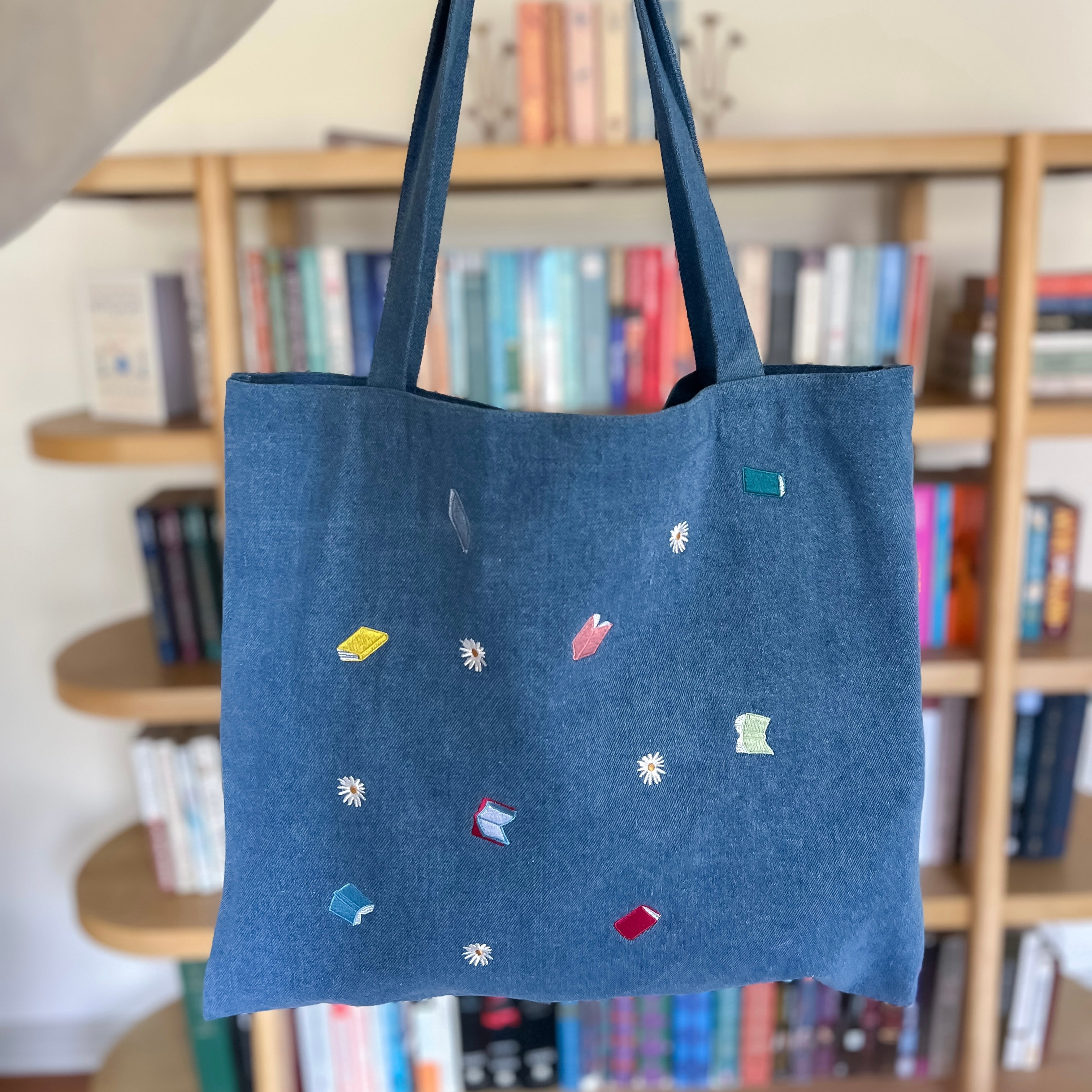 Denim Embroidered Book Tote