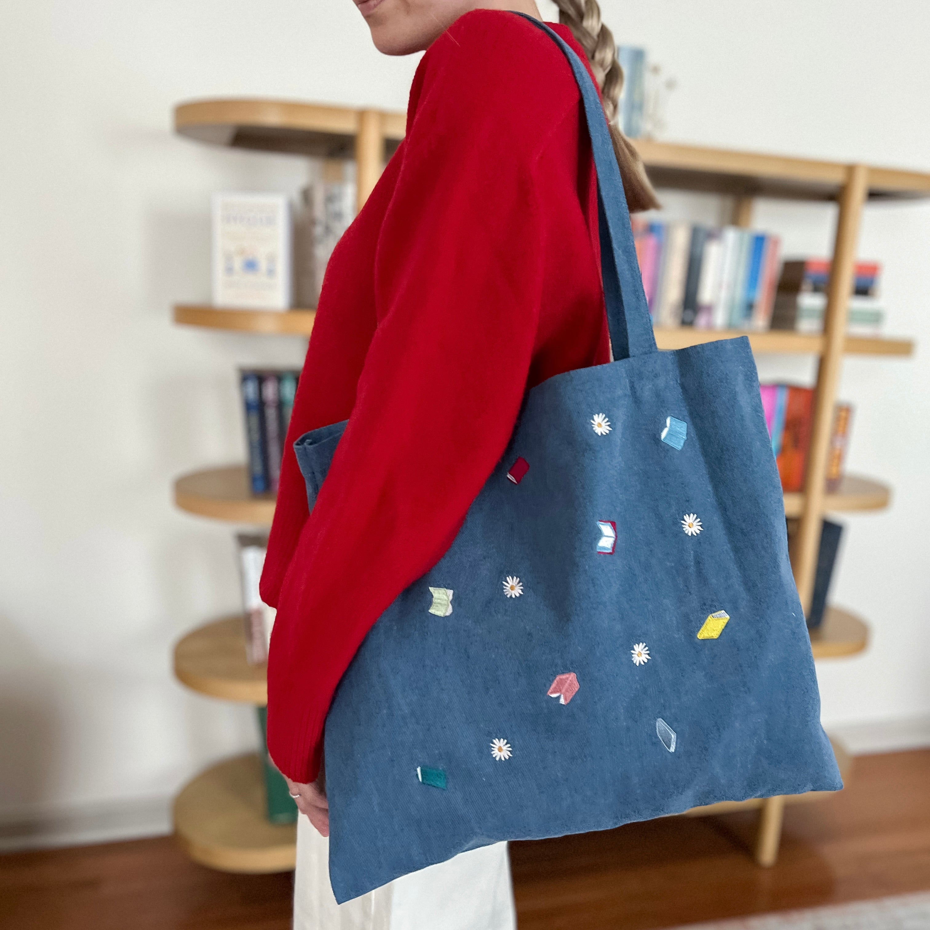 Denim Embroidered Book Tote